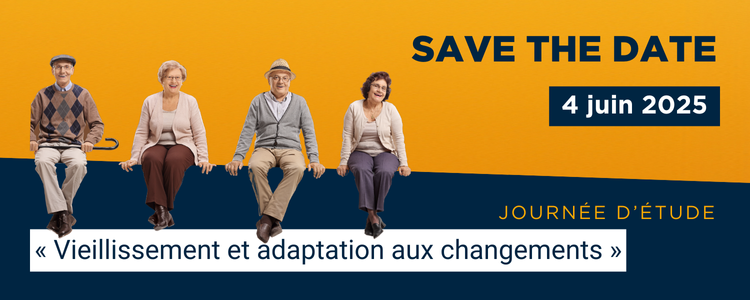 Des personnes âgées sont assises sur un encadré du bandeau dans lequel se trouve le titre de l'évènement : vieillissement et adaptation aux changements.