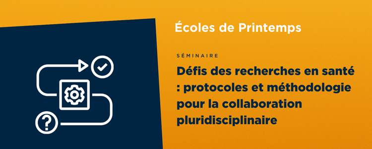 Bandeau de couleur jaune et bleu avec une image qui illustre par un schéma le côté protocoles et méthodologie de la recherche en santé