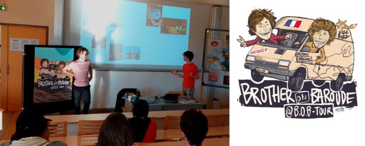 Présentation des frères "Brother on the Baroude" sur le projet artistique à travers l'Europe. Logo du BOB Tour : deux frères en van dans un style caricatural.