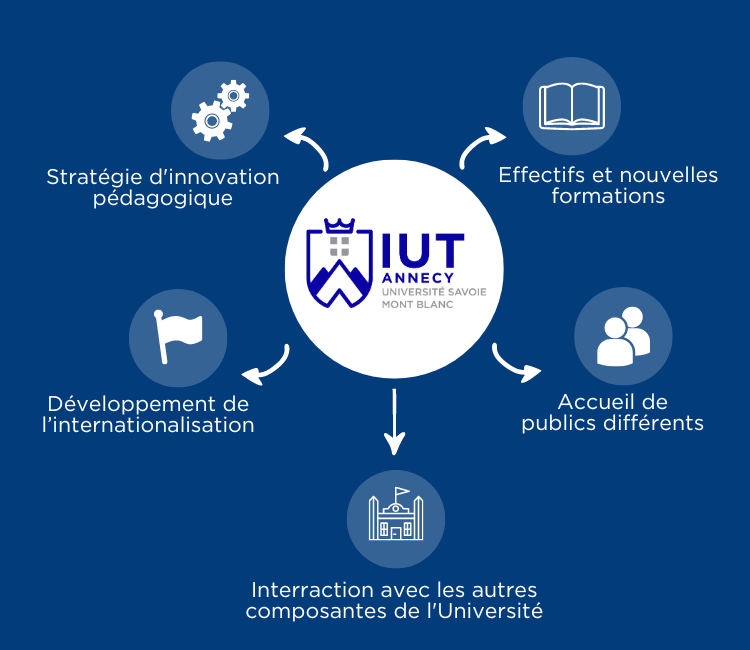 Visuel intégrant les 5 caractéristiques des mouvements de l'IUT : Stratégie d’innovation pédagogique Développement de l’internationalisation Effectifs et nouvelles formations Accueil de publics différents Interaction avec les autres composantes de l’Université