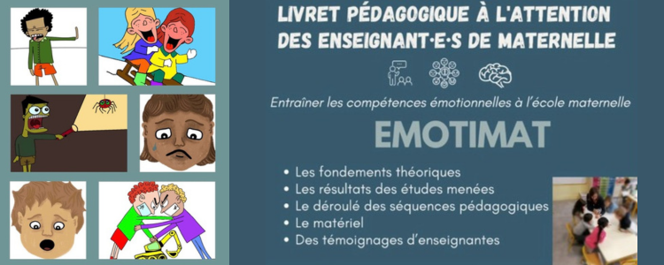 Illustration du livret pédagogique à l'attention des enseignantes et enseignants de maternelle : des dessins d'enfants exprimant des émotions fortes (dégout, rire, peur, tristesse, surprise, colère) sont représentés à gauche.