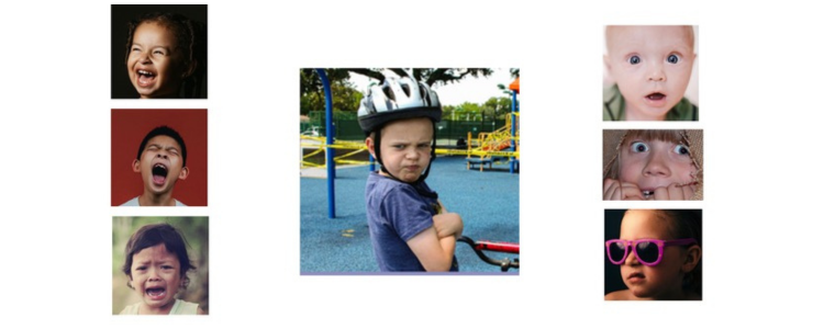 7 photos montrent des visages d'enfants exprimant des émotions très marquées : le rire, la colère, la tristesse, l'étonnement, la peur, ou encore l’agacement.