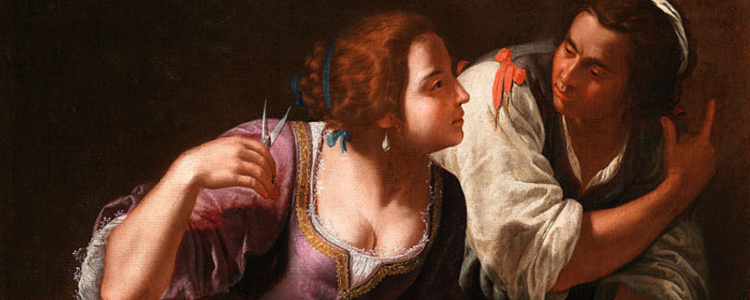 Avec des petits ciseaux de dames, Dalila coupe soigneusement, mèche par mèche les fameux cheveux qui donnent sa force à Samson. Dalila confie la mèche à sa servante au visage androgyne lui montrant du doigt un lointain qu’on ignore.