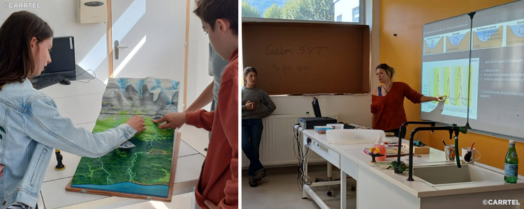 Légende : À gauche, atelier escape game. À droite, présentation des chercheurs. Crédit CARRTEL