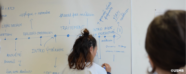 Une femme, de dos, écrit au tableau.