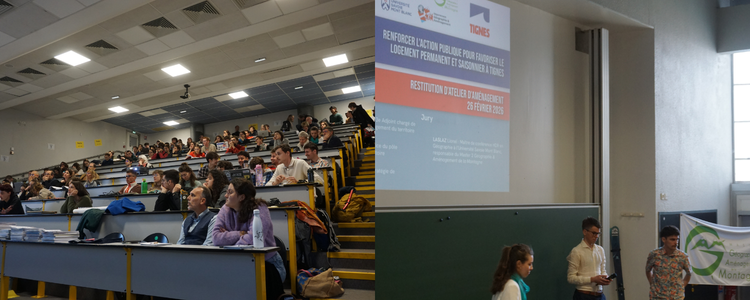 L’amphithéâtre Nivolet rempli. Restitution du groupe travaillant pour la commune de Tignes. 26 février 2026. © E. Chiotti.