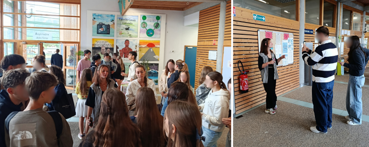 À gauche, deux doctorantes échangent avec des lycéens dans le hall d'un lycée. À droite, une doctorante se fait interviewer par 2 lycéens; l'un des deux la filme, l'autre lui pose des questions.