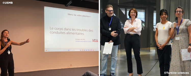 À gauche : conférence de l’enseignante-chercheuse Morgane Métral. À droite : inauguration de l'exposition "Mathissime" en présence du vice-président Sciences et Société de l'USMB Nolwenn Le Pierres.